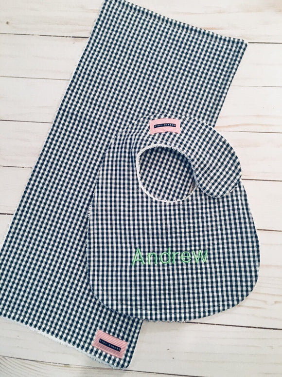 Navy Gingham Seersucker Bib & Burp Pad Set