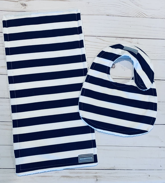 Navy Blue Thick Stripe Bib & Burp Pad Set